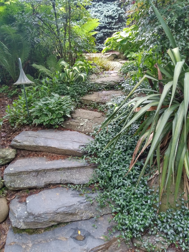 Stone steps lead from a lower patio, with a step across a part of a pond to the upper patio beside the house. 